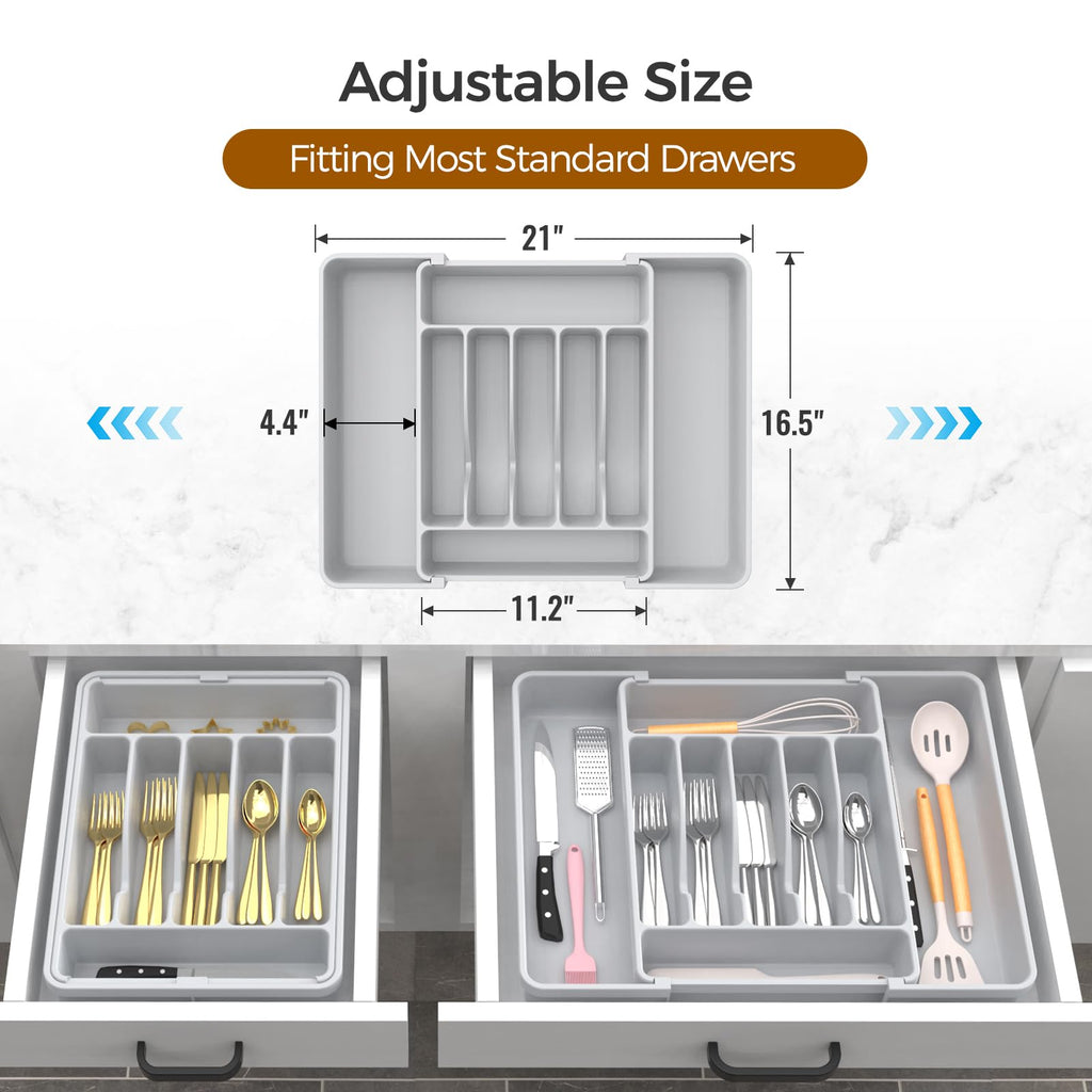 Extra Large Expandable Silverware Organizer, BPA-Free Food-Safe Cutlery Flatware Organizer, Kitchen Utensil Drawer Organizer, Adjustable Silverware Holder for Spoons Forks Knives, Black