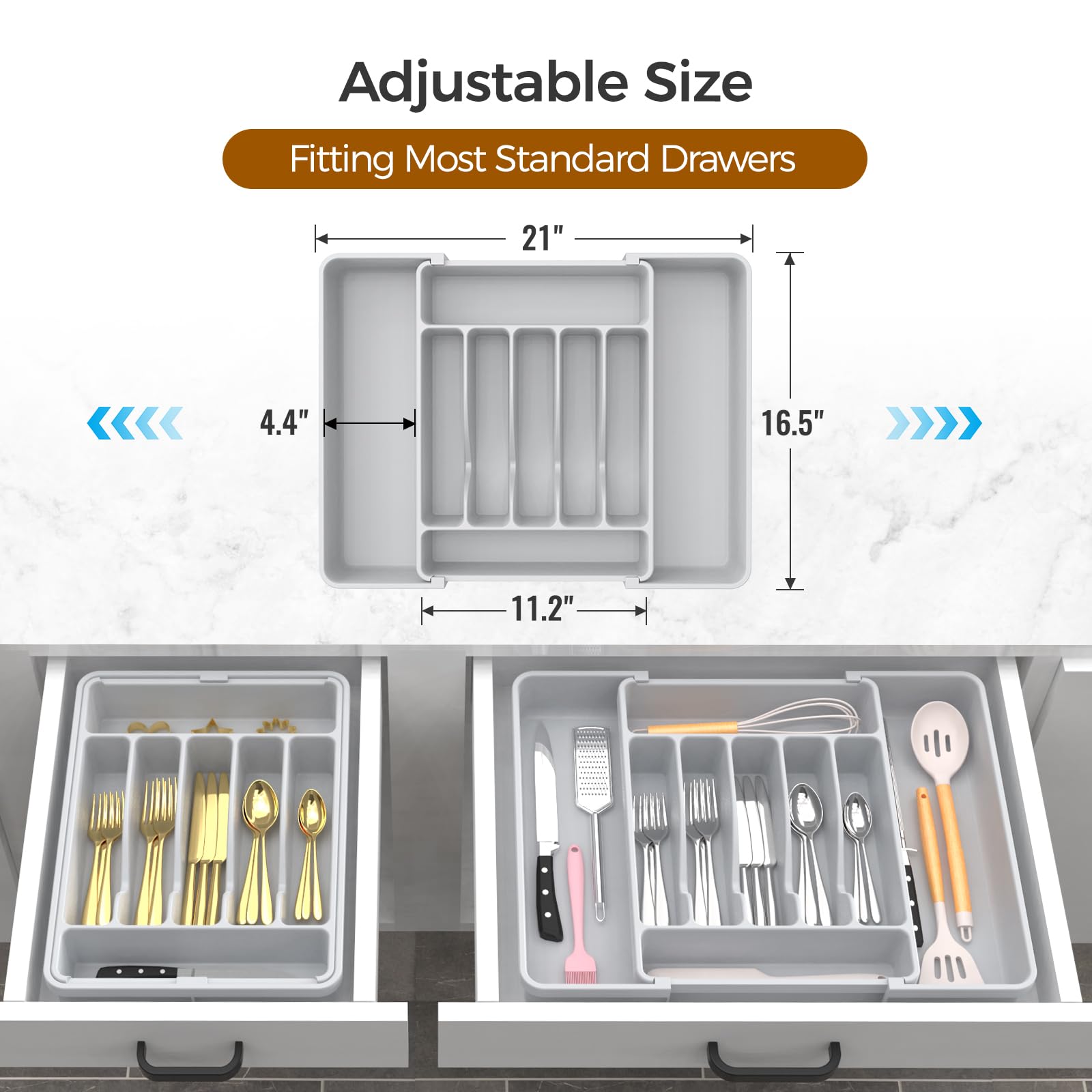 Extra Large Expandable Silverware Organizer, BPA-Free Food-Safe Cutlery Flatware Organizer, Kitchen Utensil Drawer Organizer, Adjustable Silverware Holder for Spoons Forks Knives, Black