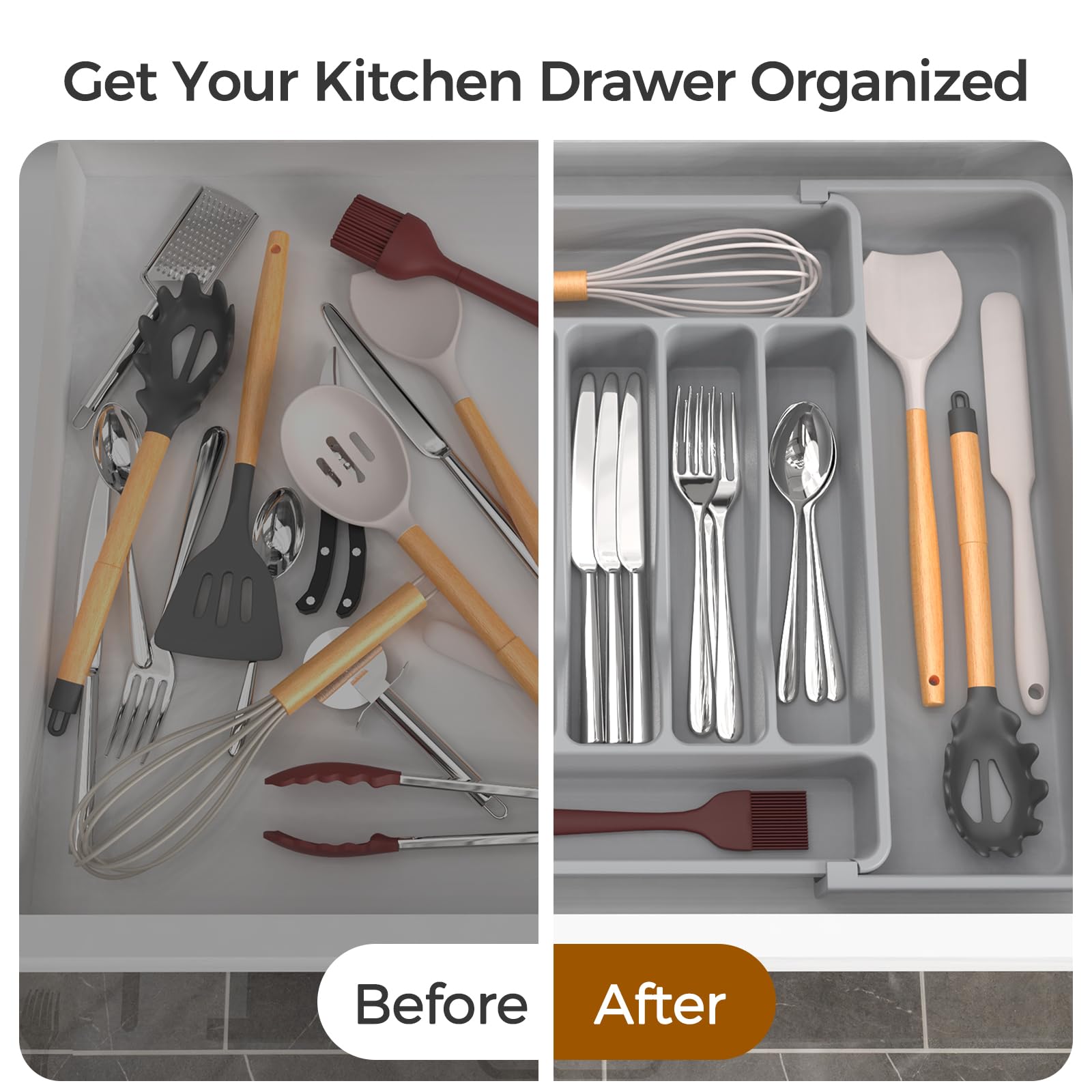 Extra Large Expandable Silverware Organizer, BPA-Free Food-Safe Cutlery Flatware Organizer, Kitchen Utensil Drawer Organizer, Adjustable Silverware Holder for Spoons Forks Knives, Black