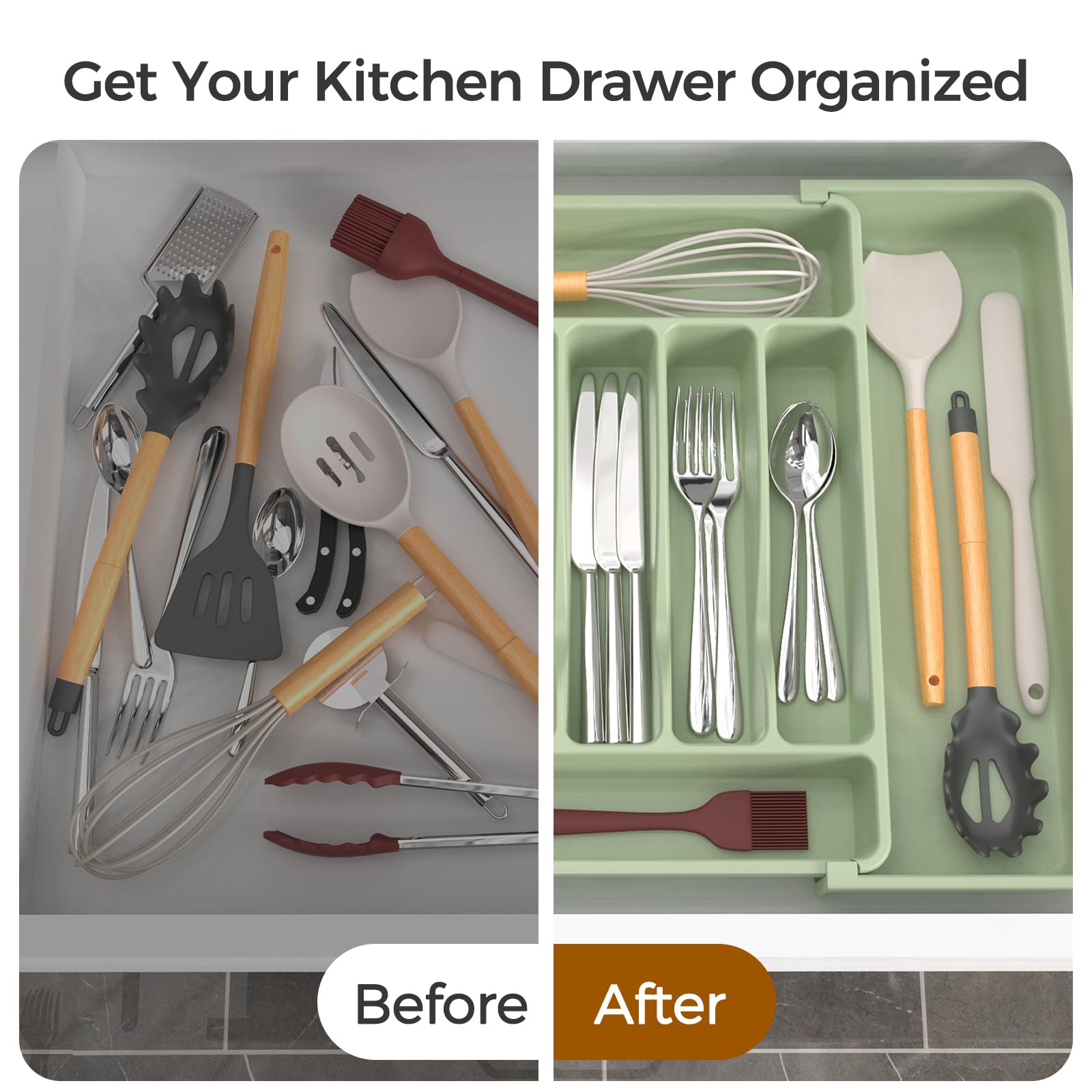 Extra Large Expandable Silverware Organizer, BPA-Free Food-Safe Cutlery Flatware Organizer, Kitchen Utensil Drawer Organizer, Adjustable Silverware Holder for Spoons Forks Knives, Black