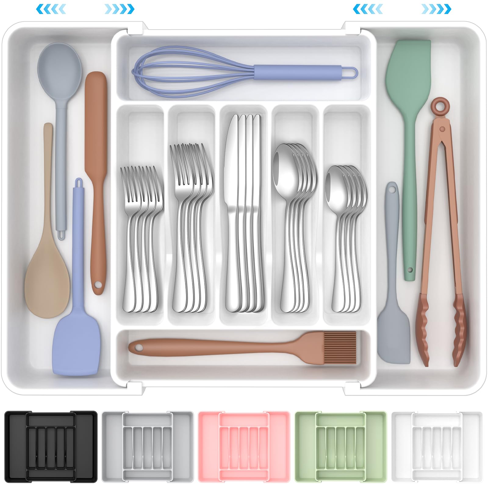Extra Large Expandable Silverware Organizer, BPA-Free Food-Safe Cutlery Flatware Organizer, Kitchen Utensil Drawer Organizer, Adjustable Silverware Holder for Spoons Forks Knives, Black