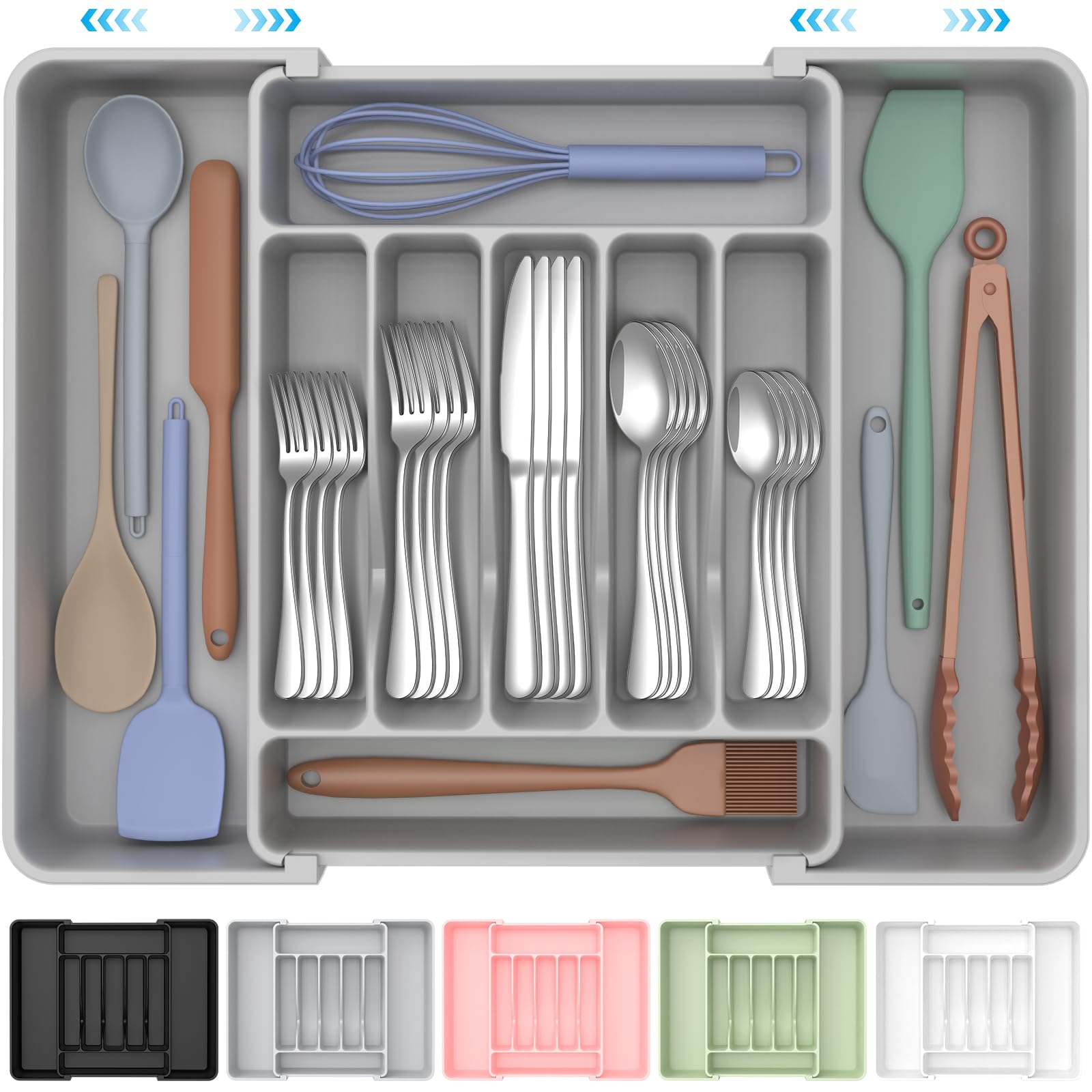 Extra Large Expandable Silverware Organizer, BPA-Free Food-Safe Cutlery Flatware Organizer, Kitchen Utensil Drawer Organizer, Adjustable Silverware Holder for Spoons Forks Knives, Black