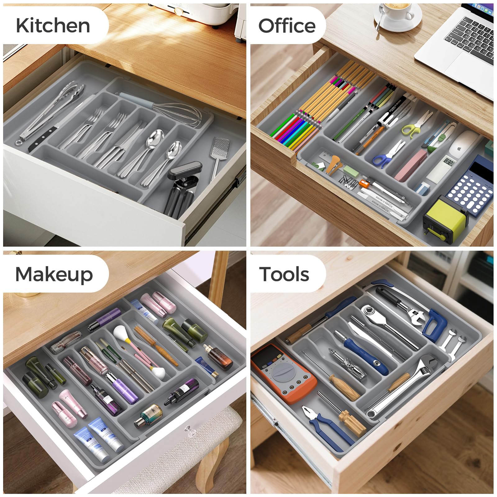 Extra Large Expandable Silverware Organizer, BPA-Free Food-Safe Cutlery Flatware Organizer, Kitchen Utensil Drawer Organizer, Adjustable Silverware Holder for Spoons Forks Knives, Black